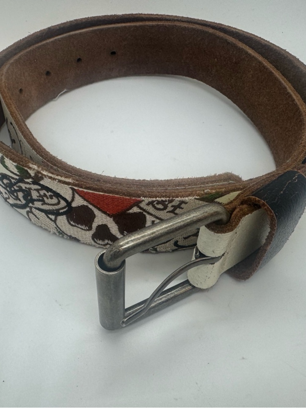 Ed Hardy Women's Canvas Belt with Brown Leather and White Pattern